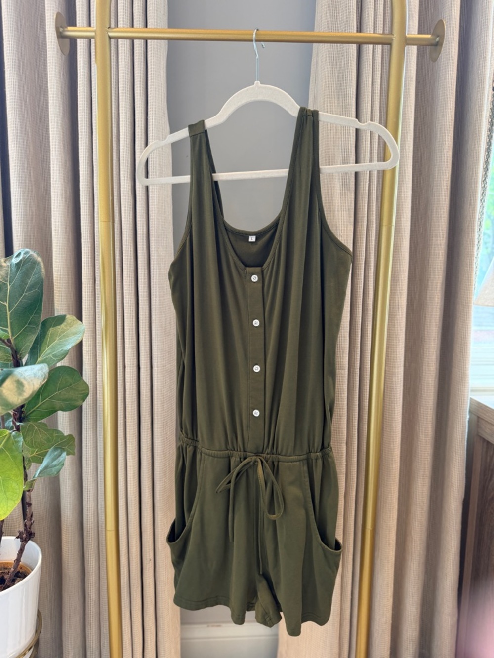 EUC Olive Green Button Front Romper with Drawstring Waist